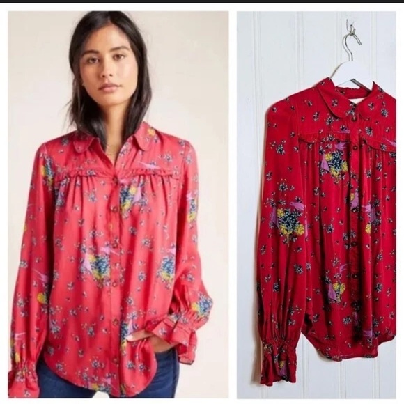 Anthropologie Maeve Fredericka Bird Floral Top Red Sz 0 Cottagecore Grandmacore - Picture 2 of 13
